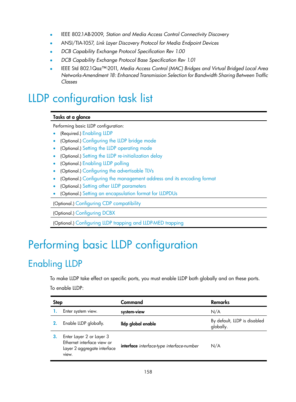 Lldp configuration task list, Performing basic lldp configuration, Enabling lldp | Assigning an access port to a vlan | H3C Technologies H3C S12500-X Series Switches User Manual | Page 169 / 216