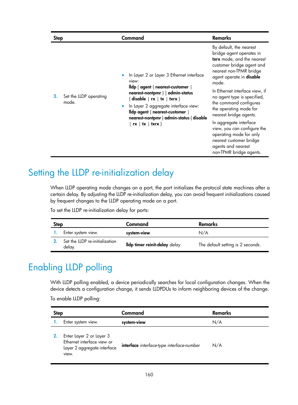 Setting the lldp re-initialization delay, Enabling lldp polling | H3C Technologies H3C S12500-X Series Switches User Manual | Page 171 / 216