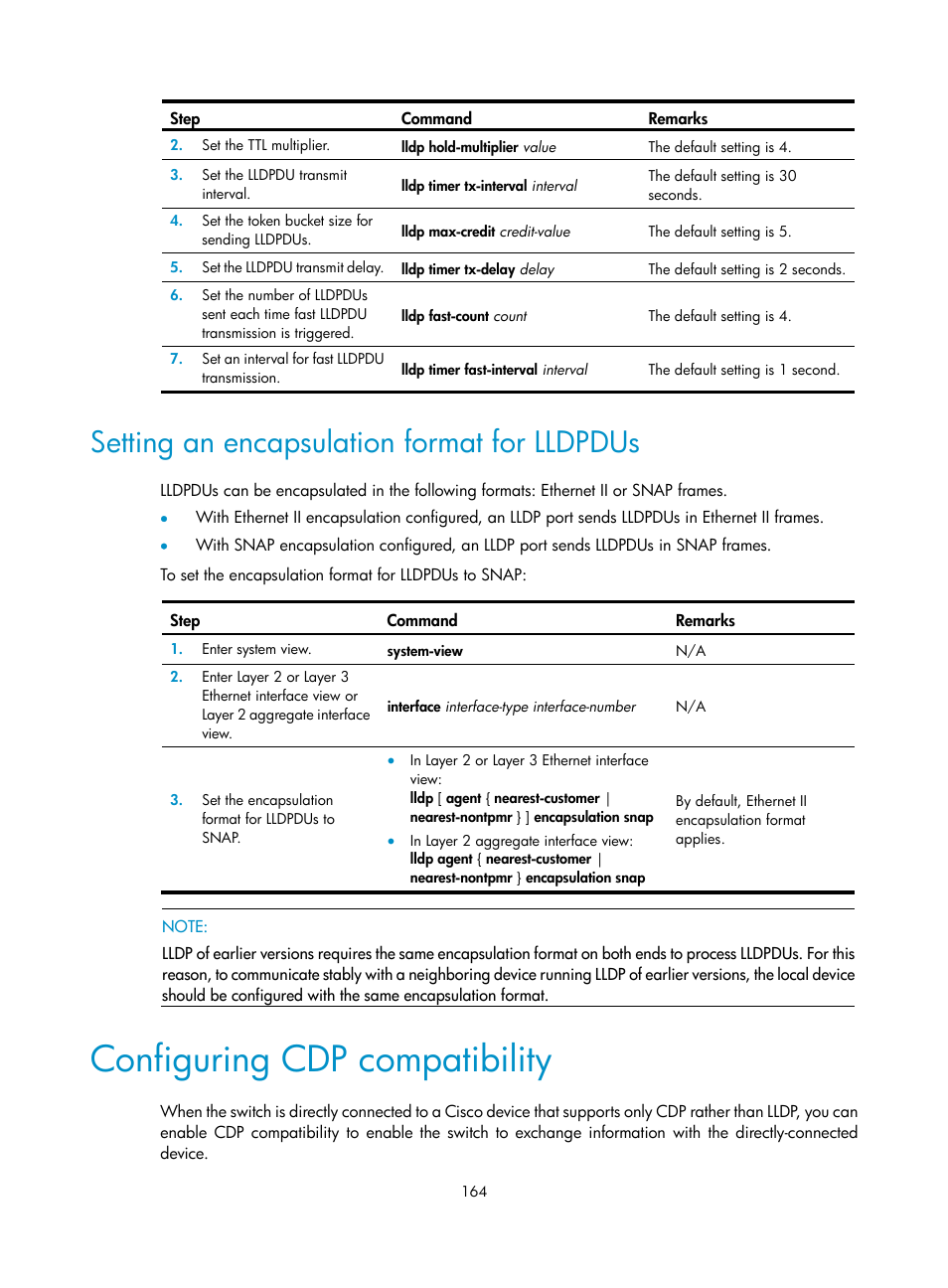 Setting an encapsulation format for lldpdus, Configuring cdp compatibility, Configuration procedure | Verifying the configuration | H3C Technologies H3C S12500-X Series Switches User Manual | Page 175 / 216