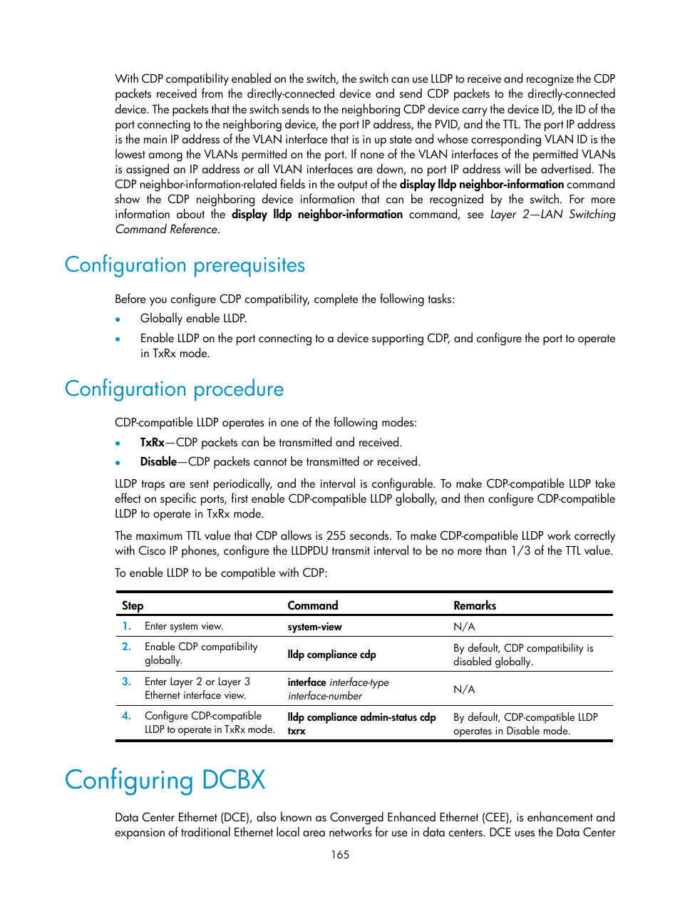 Configuration prerequisites, Configuration procedure, Configuring dcbx | H3C Technologies H3C S12500-X Series Switches User Manual | Page 176 / 216