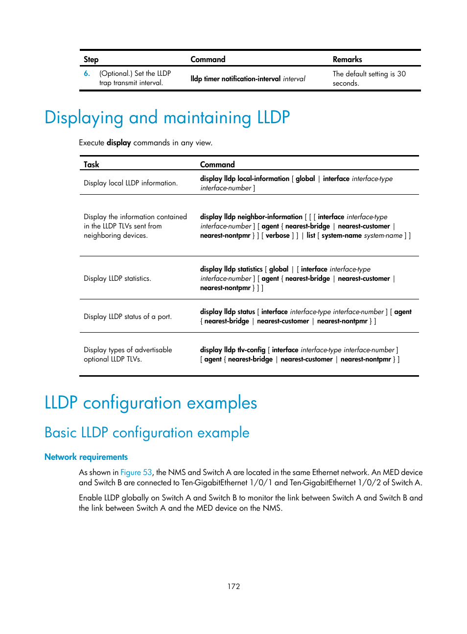 Displaying and maintaining lldp, Lldp configuration examples, Basic lldp configuration example | Network requirements | H3C Technologies H3C S12500-X Series Switches User Manual | Page 183 / 216