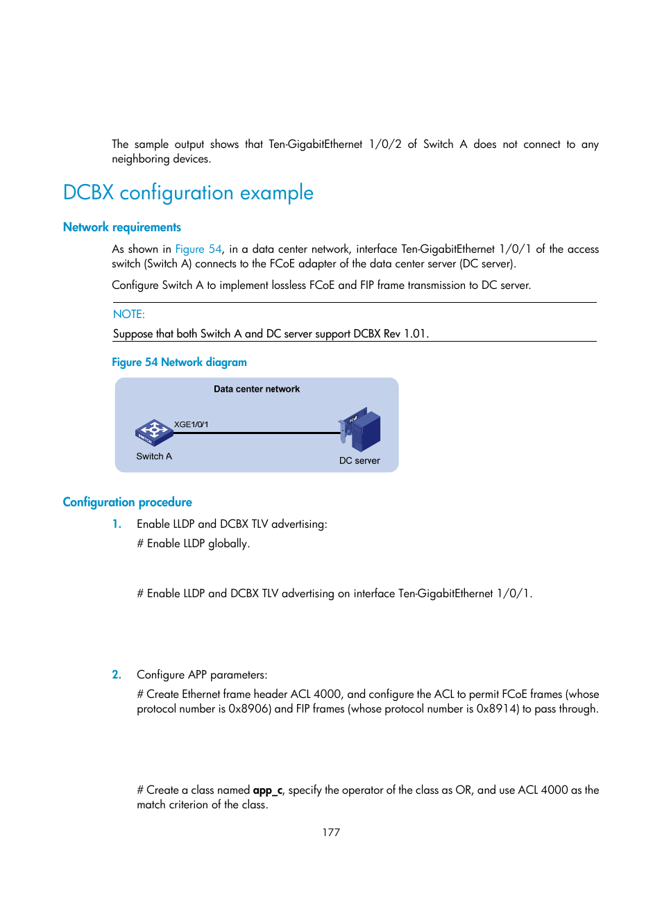 Dcbx configuration example, Network requirements, Configuration procedure | Configuring qinq, Overview | H3C Technologies H3C S12500-X Series Switches User Manual | Page 188 / 216