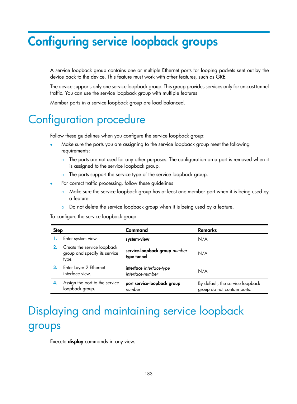 Configuring service loopback groups, Configuration procedure, Displaying and maintaining service loopback groups | Configuring the cvlan tpid, Configuring the svlan tpid, Setting the 802.1p priority in svlan tags | H3C Technologies H3C S12500-X Series Switches User Manual | Page 194 / 216