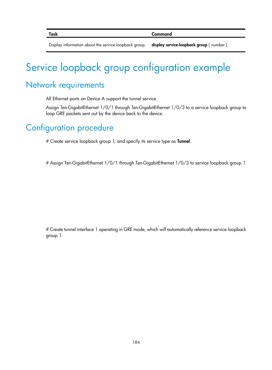 Service loopback group configuration example, Network requirements, Configuration procedure | H3C Technologies H3C S12500-X Series Switches User Manual | Page 195 / 216