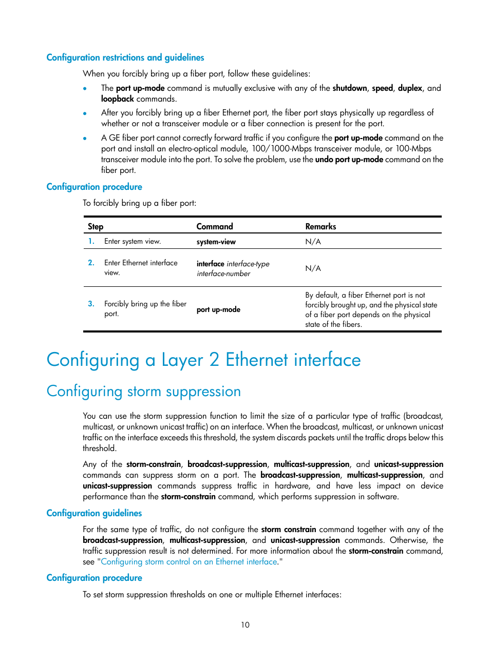 Configuration restrictions and guidelines, Configuration procedure, Configuring a layer 2 ethernet interface | Configuring storm suppression, Configuration guidelines, Configuring pfc on an ethernet interface | H3C Technologies H3C S12500-X Series Switches User Manual | Page 21 / 216