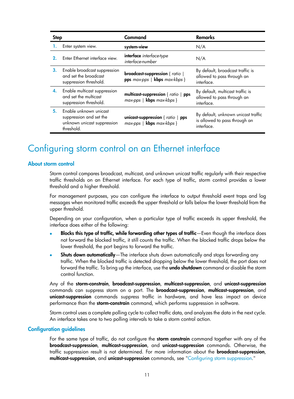 Configuring storm control on an ethernet interface, About storm control, Configuration guidelines | Setting the statistics polling interval | H3C Technologies H3C S12500-X Series Switches User Manual | Page 22 / 216