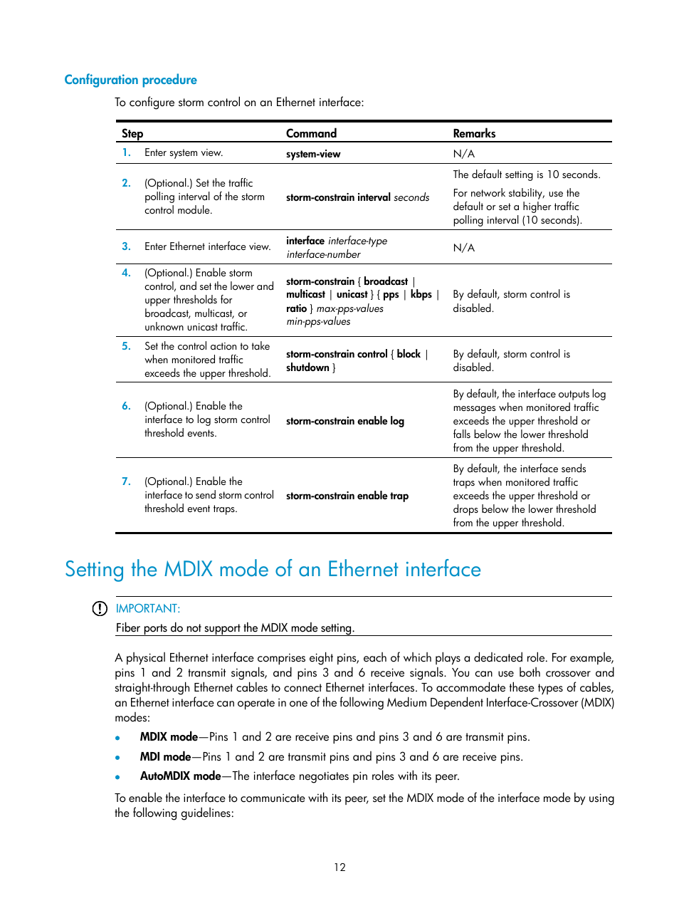 Configuration procedure, Setting the mdix mode of an ethernet interface, Forcibly bringing up a fiber port | H3C Technologies H3C S12500-X Series Switches User Manual | Page 23 / 216