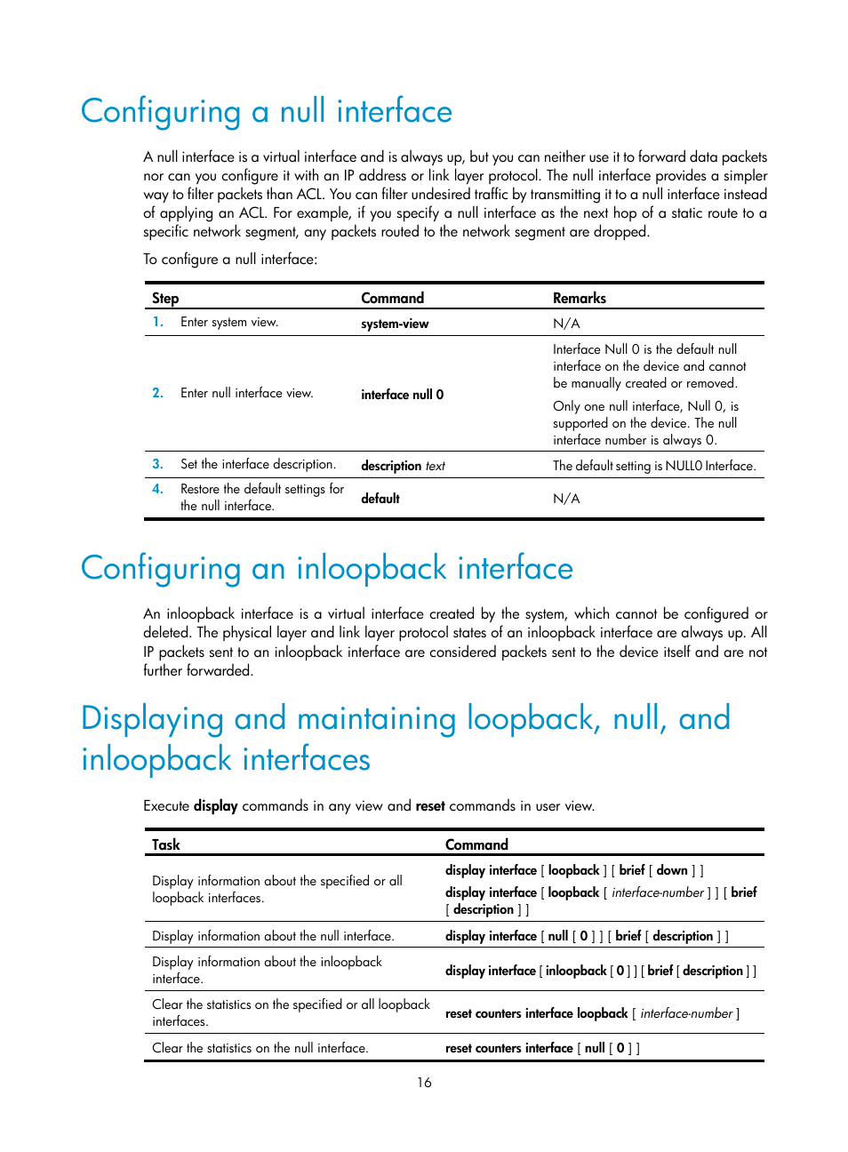 Configuring a null interface, Configuring an inloopback interface, Setting the mdix mode of an ethernet interface | H3C Technologies H3C S12500-X Series Switches User Manual | Page 27 / 216