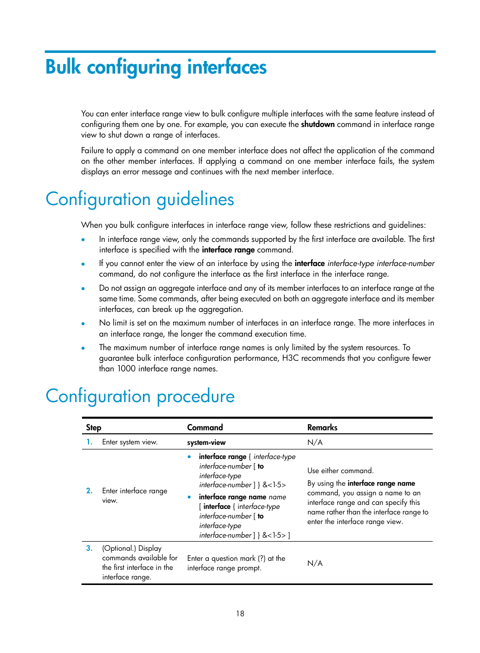 Bulk configuring interfaces, Configuration guidelines, Configuration procedure | Displaying and maintaining an ethernet interface | H3C Technologies H3C S12500-X Series Switches User Manual | Page 29 / 216