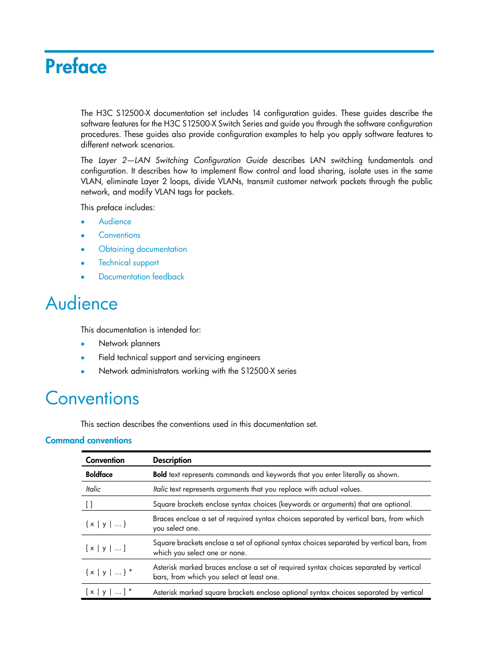 Preface, Audience, Conventions | Command conventions | H3C Technologies H3C S12500-X Series Switches User Manual | Page 3 / 216