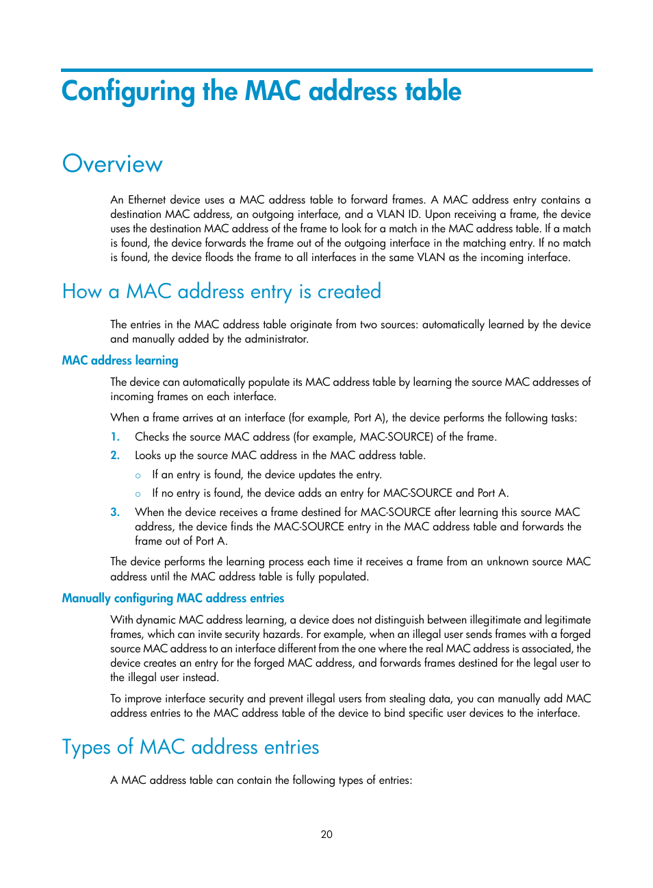 Configuring the mac address table, Overview, How a mac address entry is created | Mac address learning, Manually configuring mac address entries, Types of mac address entries, Configuring a loopback interface | H3C Technologies H3C S12500-X Series Switches User Manual | Page 31 / 216