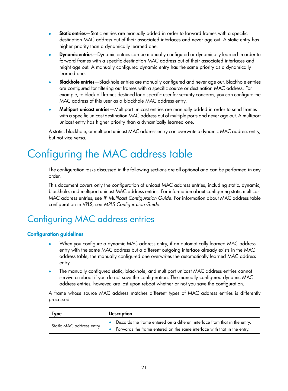 Configuring the mac address table, Configuring mac address entries, Configuration guidelines | Configuring a null interface | H3C Technologies H3C S12500-X Series Switches User Manual | Page 32 / 216