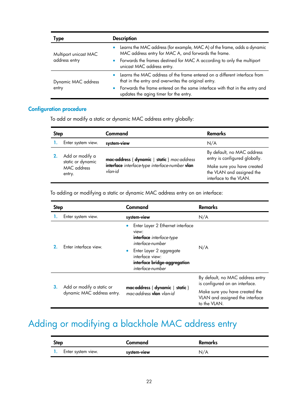 Configuration procedure, Adding or modifying a blackhole mac address entry, Configuring an inloopback interface | H3C Technologies H3C S12500-X Series Switches User Manual | Page 33 / 216