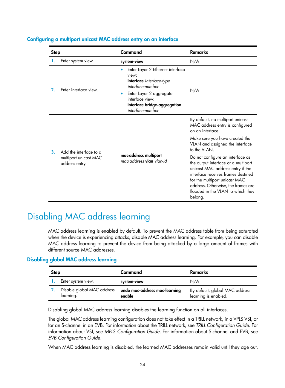 Disabling mac address learning, Disabling global mac address learning | H3C Technologies H3C S12500-X Series Switches User Manual | Page 35 / 216