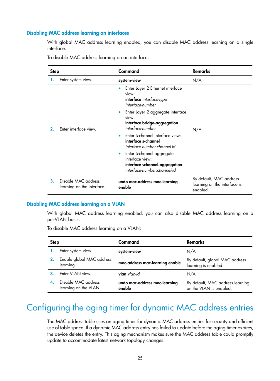 Disabling mac address learning on interfaces, Disabling mac address learning on a vlan, Bulk configuring interfaces | Configuration guidelines, Configuration procedure | H3C Technologies H3C S12500-X Series Switches User Manual | Page 36 / 216