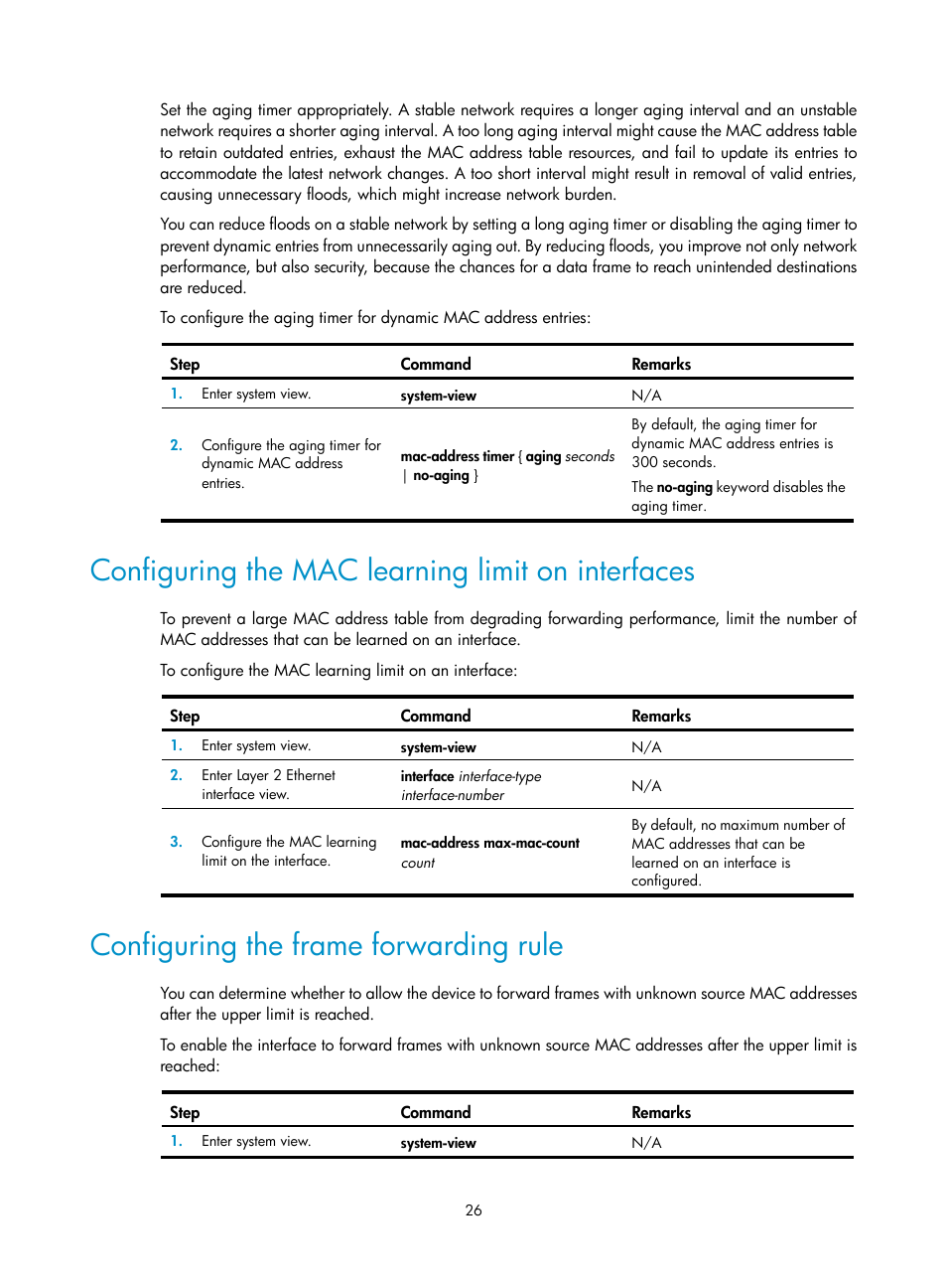 Configuring the mac learning limit on interfaces, Configuring the frame forwarding rule | H3C Technologies H3C S12500-X Series Switches User Manual | Page 37 / 216