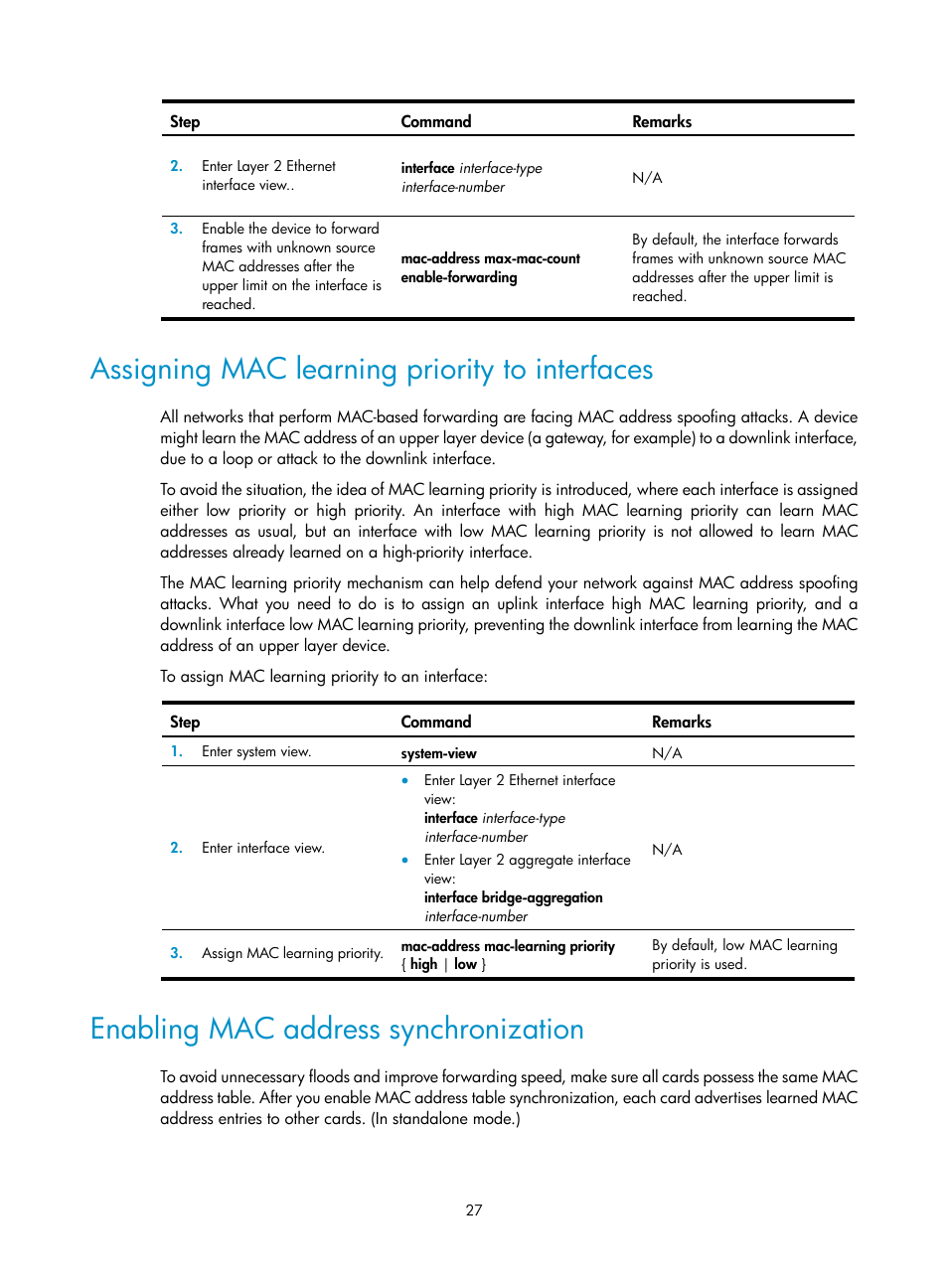 Assigning mac learning priority to interfaces, Enabling mac address synchronization, Configuring the mac address table | Overview, How a mac address entry is created | H3C Technologies H3C S12500-X Series Switches User Manual | Page 38 / 216