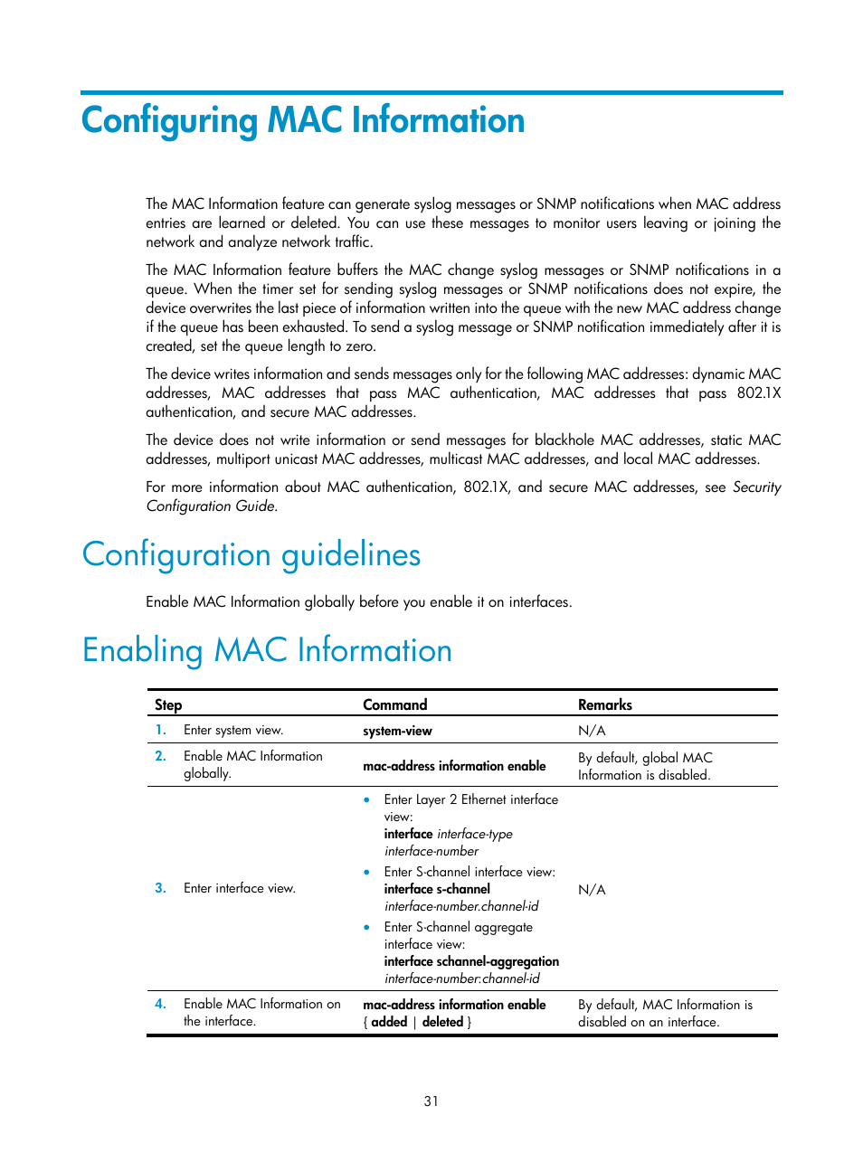 Configuring mac information, Configuration guidelines, Enabling mac information | Adding or modifying a blackhole mac address entry | H3C Technologies H3C S12500-X Series Switches User Manual | Page 42 / 216