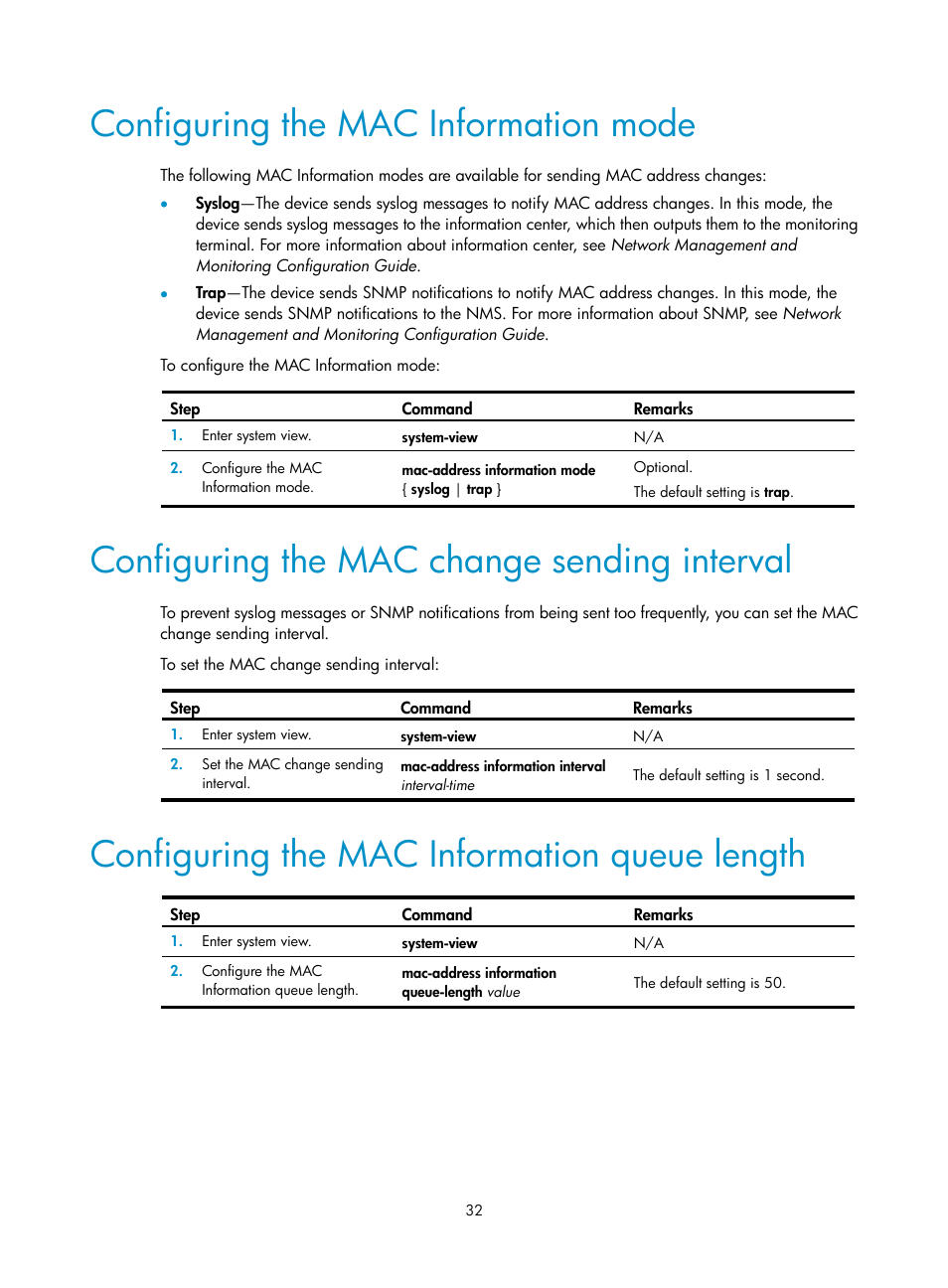 Configuring the mac information mode, Configuring the mac change sending interval, Configuring the mac information queue length | H3C Technologies H3C S12500-X Series Switches User Manual | Page 43 / 216