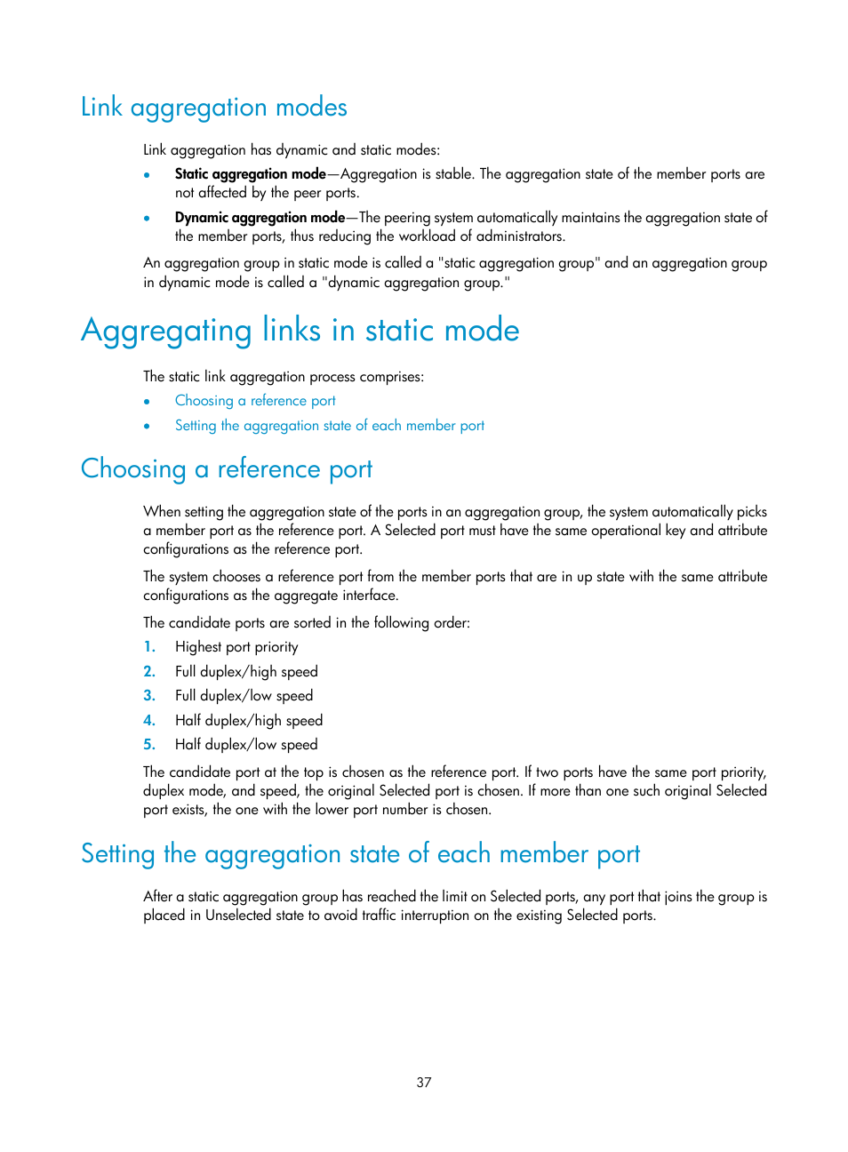 Link aggregation modes, Aggregating links in static mode, Choosing a reference port | Setting the aggregation state of each member port | H3C Technologies H3C S12500-X Series Switches User Manual | Page 48 / 216