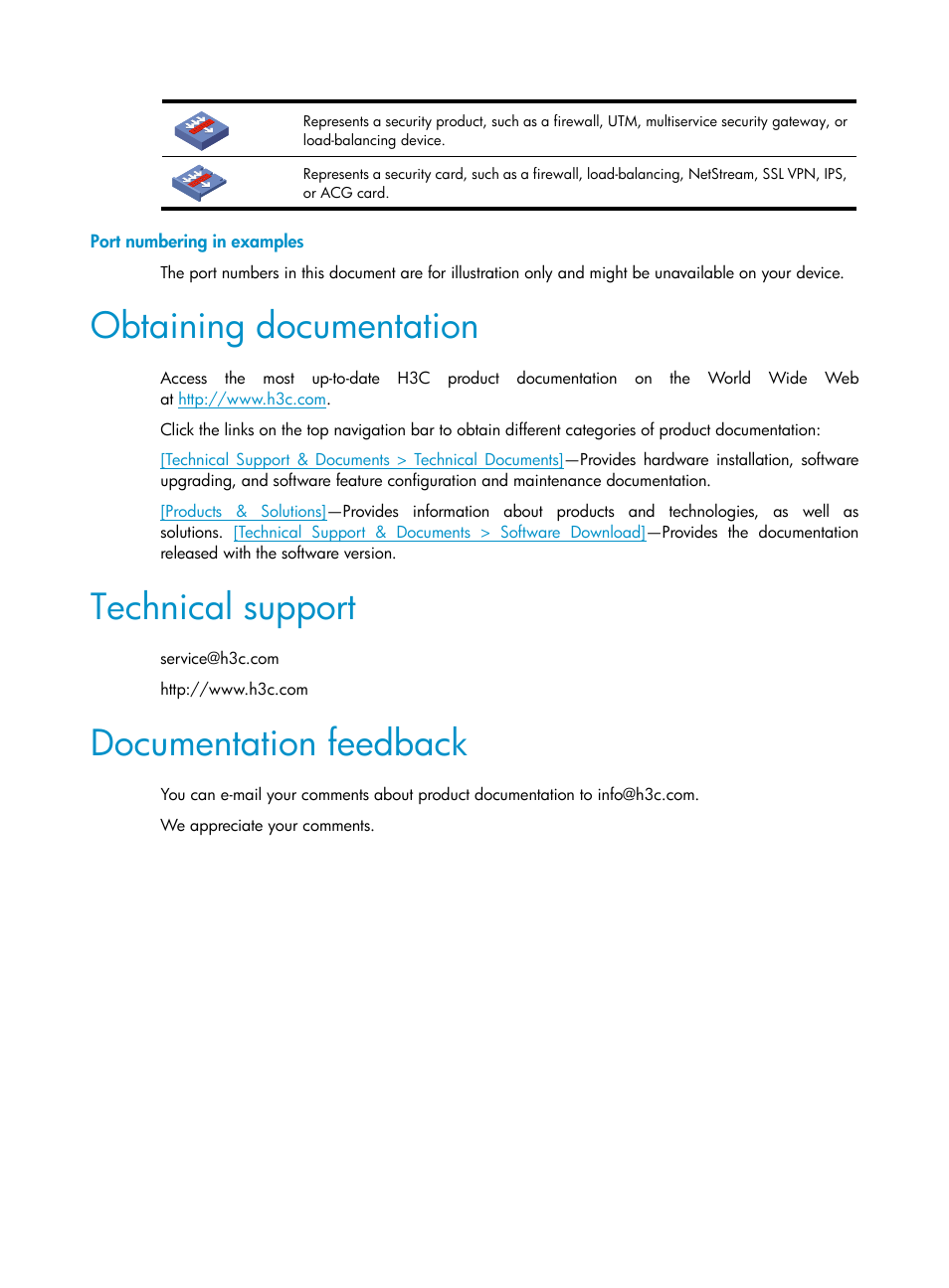 Port numbering in examples, Obtaining documentation, Technical support | Documentation feedback | H3C Technologies H3C S12500-X Series Switches User Manual | Page 5 / 216