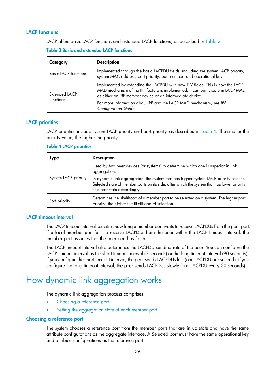 Lacp functions, Lacp priorities, Lacp timeout interval | How dynamic link aggregation works, Choosing a reference port, Displaying and maintaining the mac address table | H3C Technologies H3C S12500-X Series Switches User Manual | Page 50 / 216