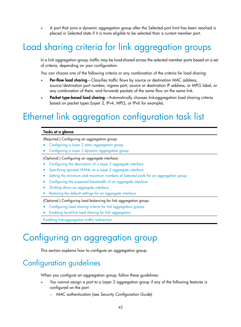 Load sharing criteria for link aggregation groups, Ethernet link aggregation configuration task list, Configuring an aggregation group | Configuration guidelines, Configuring mac information | H3C Technologies H3C S12500-X Series Switches User Manual | Page 53 / 216