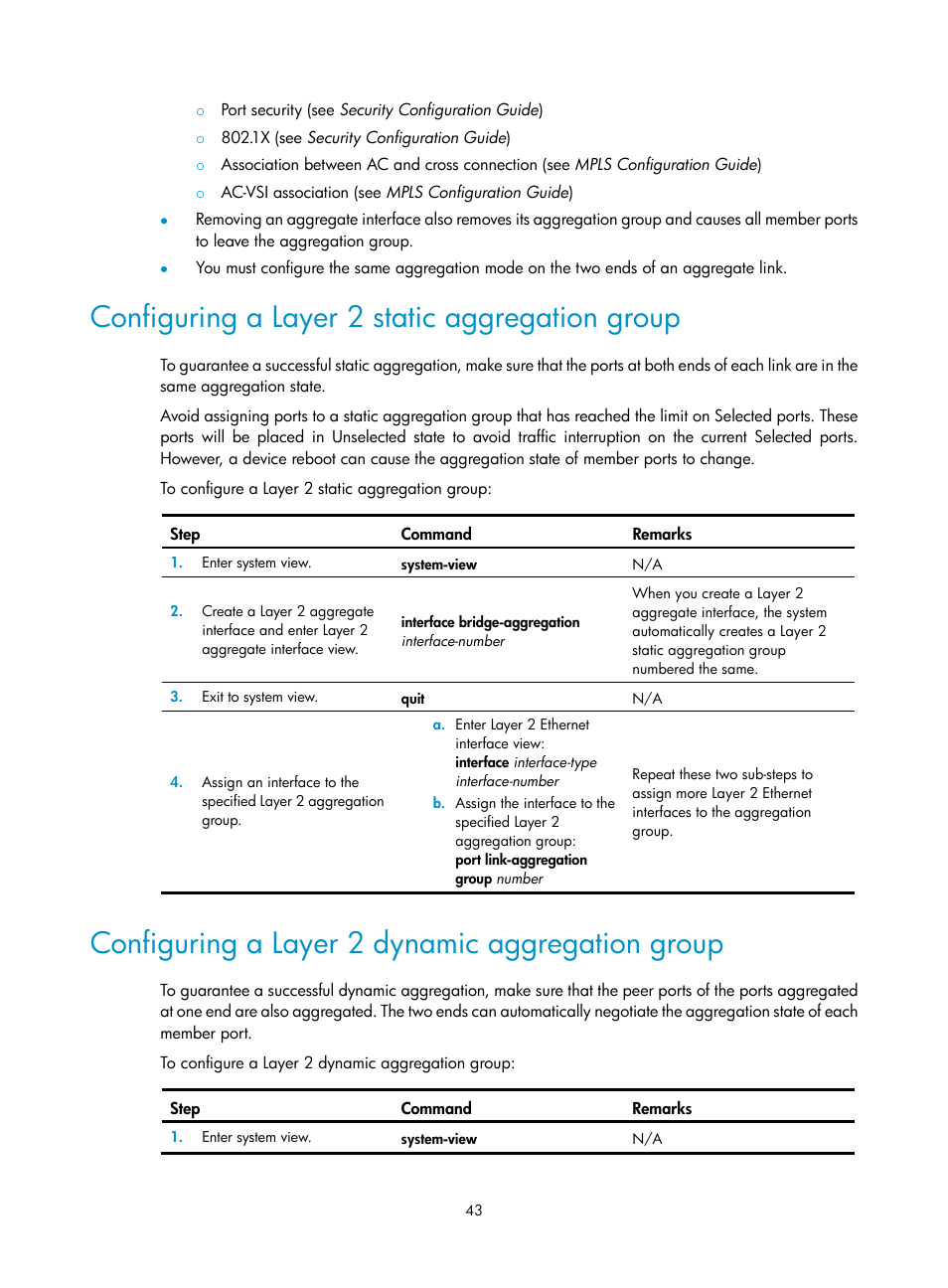 Configuring a layer 2 static aggregation group, Configuring a layer 2 dynamic aggregation group, Enabling mac information | Configuring the mac information mode | H3C Technologies H3C S12500-X Series Switches User Manual | Page 54 / 216