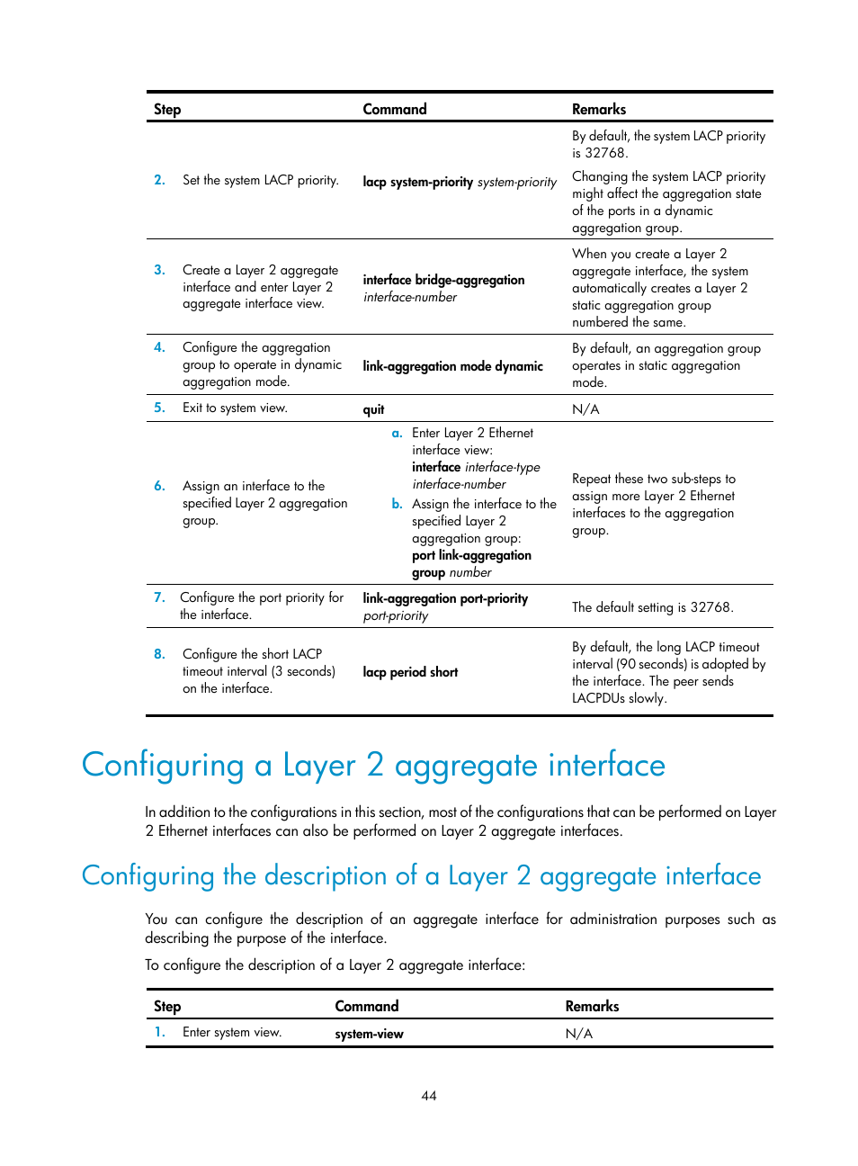 Configuring a layer 2 aggregate interface, Configuring the mac change sending interval, Configuring the mac information queue length | H3C Technologies H3C S12500-X Series Switches User Manual | Page 55 / 216