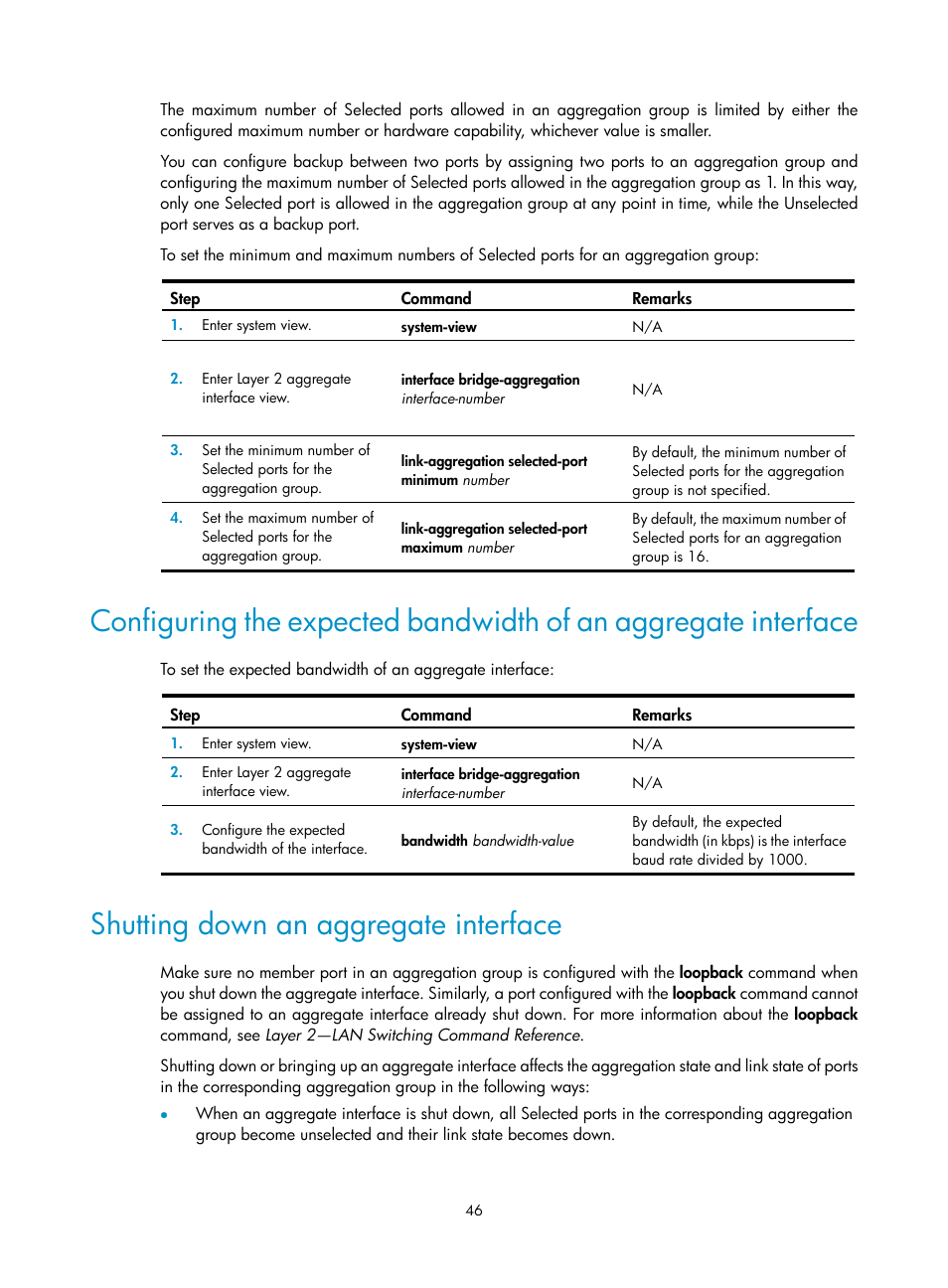 Shutting down an aggregate interface, Configuration procedure | H3C Technologies H3C S12500-X Series Switches User Manual | Page 57 / 216