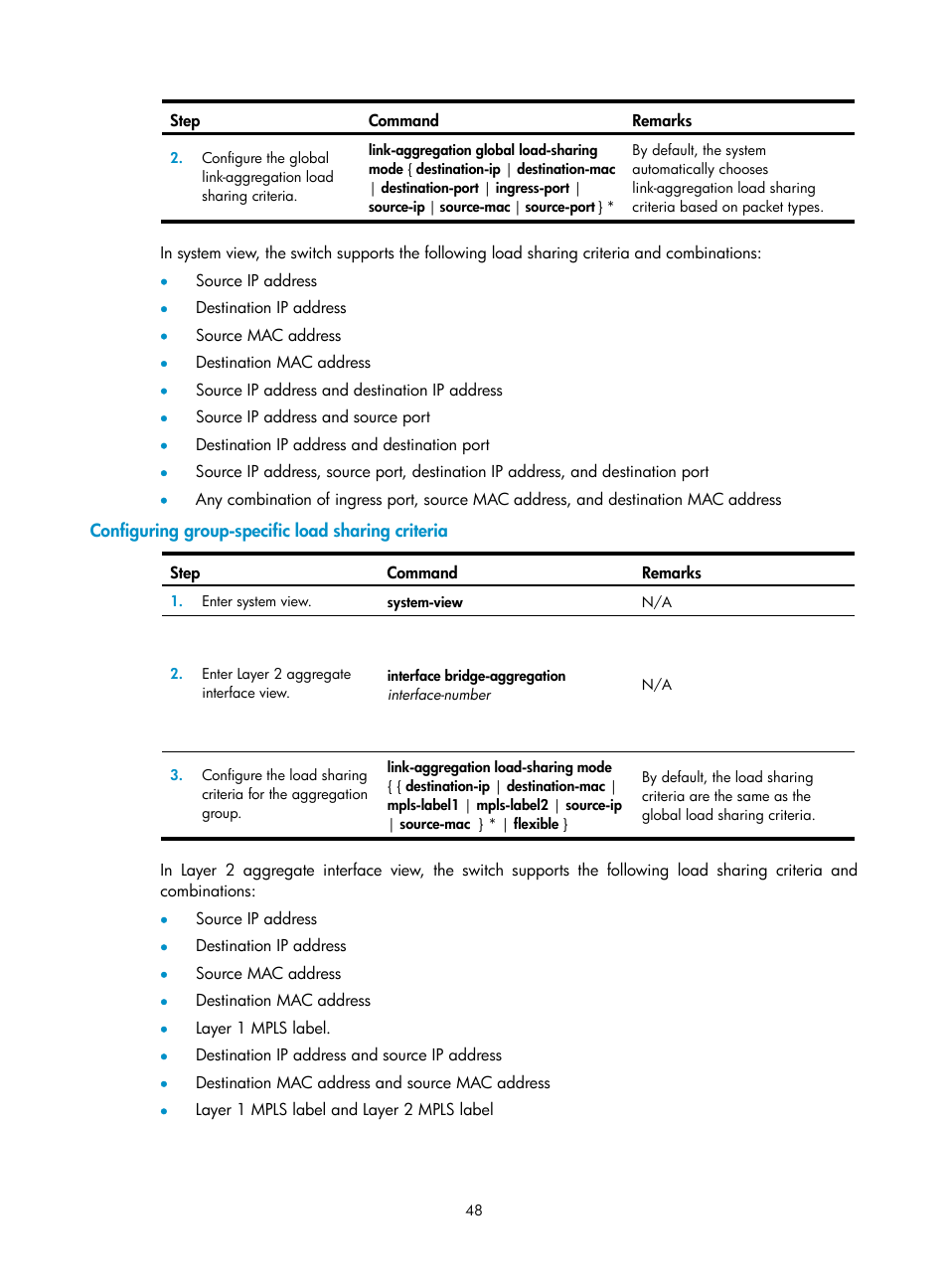 Configuring group-specific load sharing criteria, Configuring ethernet link aggregation | H3C Technologies H3C S12500-X Series Switches User Manual | Page 59 / 216