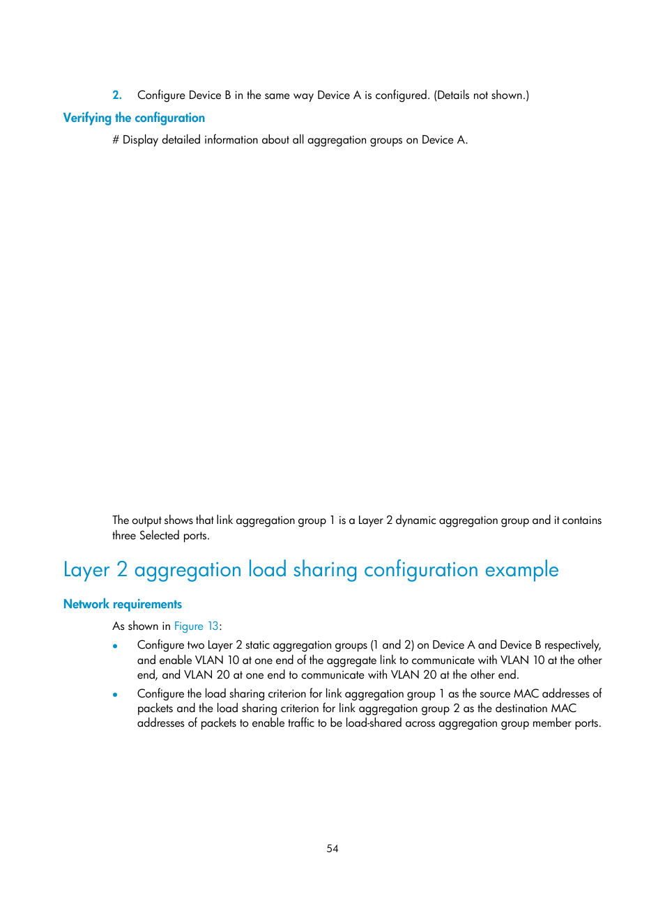 Verifying the configuration, Network requirements, Aggregating links in dynamic mode | Lacp | H3C Technologies H3C S12500-X Series Switches User Manual | Page 65 / 216