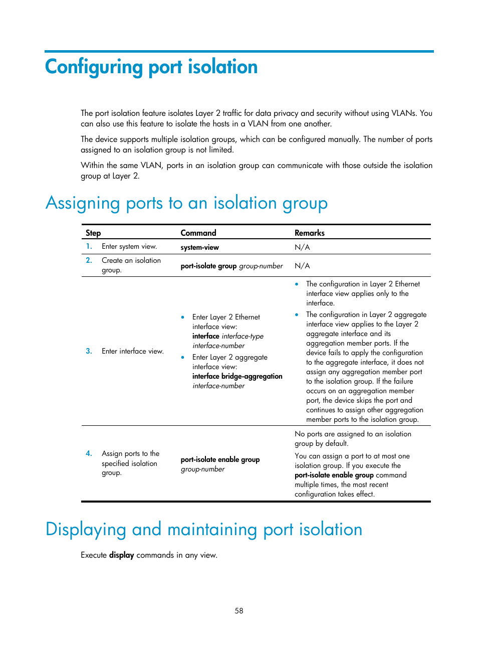 Configuring port isolation, Assigning ports to an isolation group, Displaying and maintaining port isolation | Load sharing criteria for link aggregation groups | H3C Technologies H3C S12500-X Series Switches User Manual | Page 69 / 216