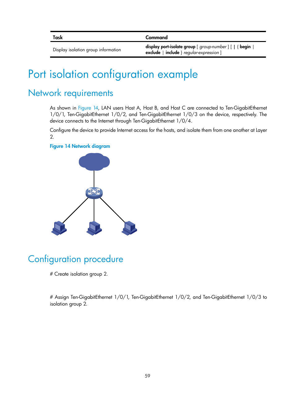 Port isolation configuration example, Network requirements, Configuration procedure | Ethernet link aggregation configuration task list, Configuring an aggregation group | H3C Technologies H3C S12500-X Series Switches User Manual | Page 70 / 216