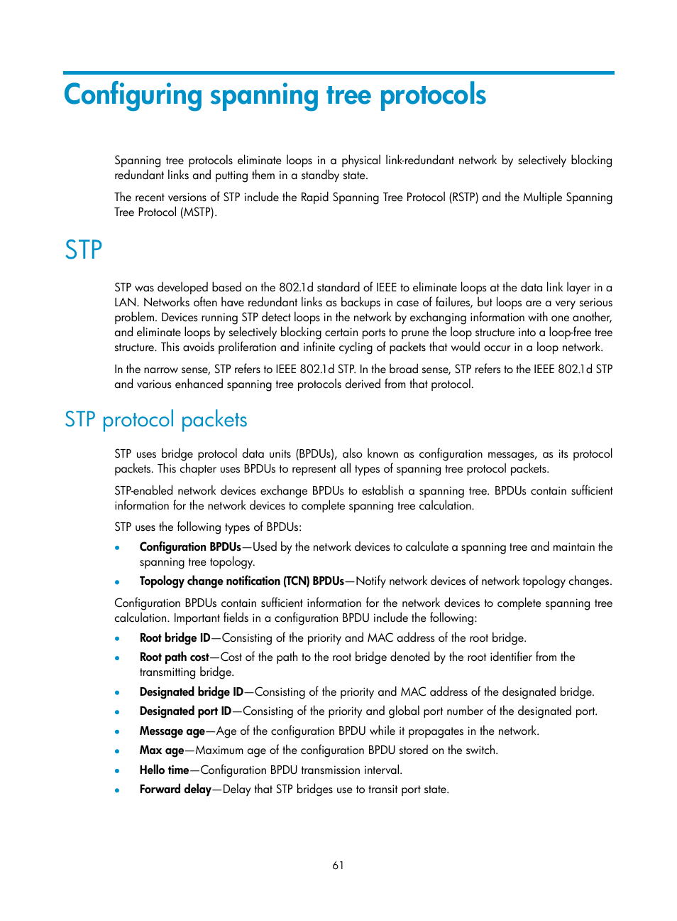 Configuring spanning tree protocols, Stp protocol packets, Configuring a layer 2 dynamic aggregation group | H3C Technologies H3C S12500-X Series Switches User Manual | Page 72 / 216