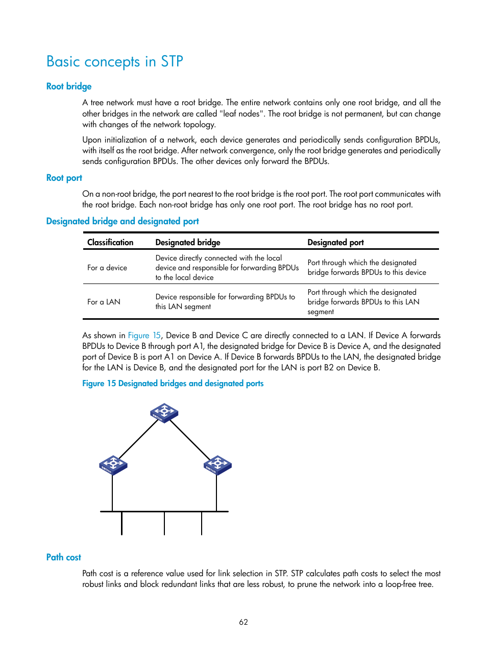 Basic concepts in stp, Root bridge, Root port | Designated bridge and designated port, Path cost, Configuring a layer 2 aggregate interface | H3C Technologies H3C S12500-X Series Switches User Manual | Page 73 / 216