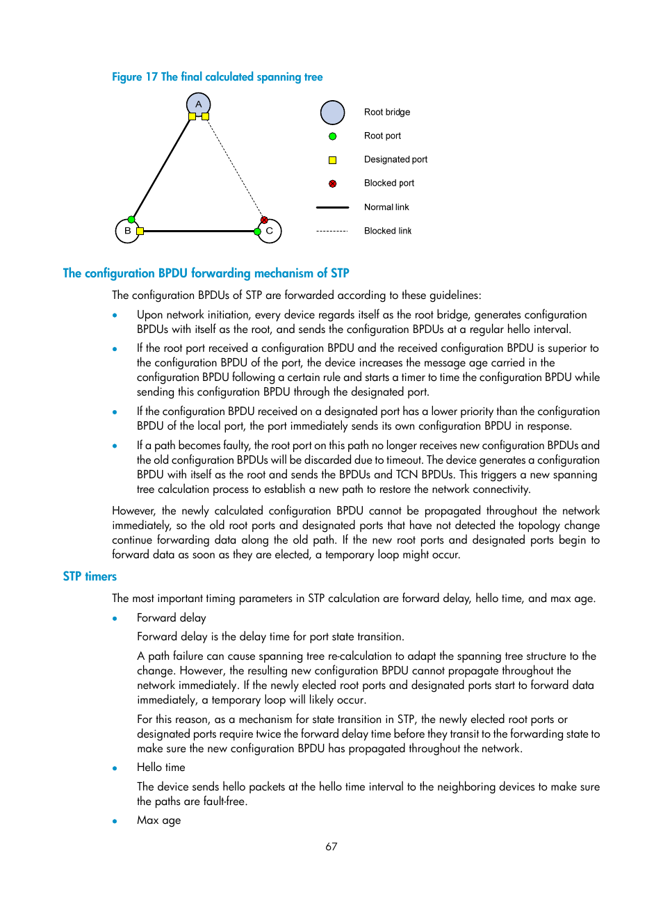 The configuration bpdu forwarding mechanism of stp, Stp timers, Figure 17 | H3C Technologies H3C S12500-X Series Switches User Manual | Page 78 / 216