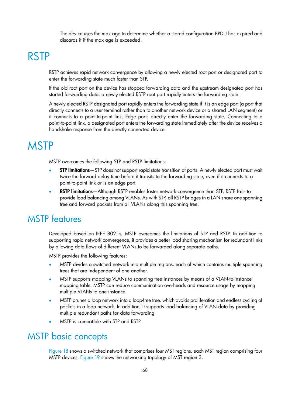 Rstp, Mstp, Mstp features | Mstp basic concepts | H3C Technologies H3C S12500-X Series Switches User Manual | Page 79 / 216