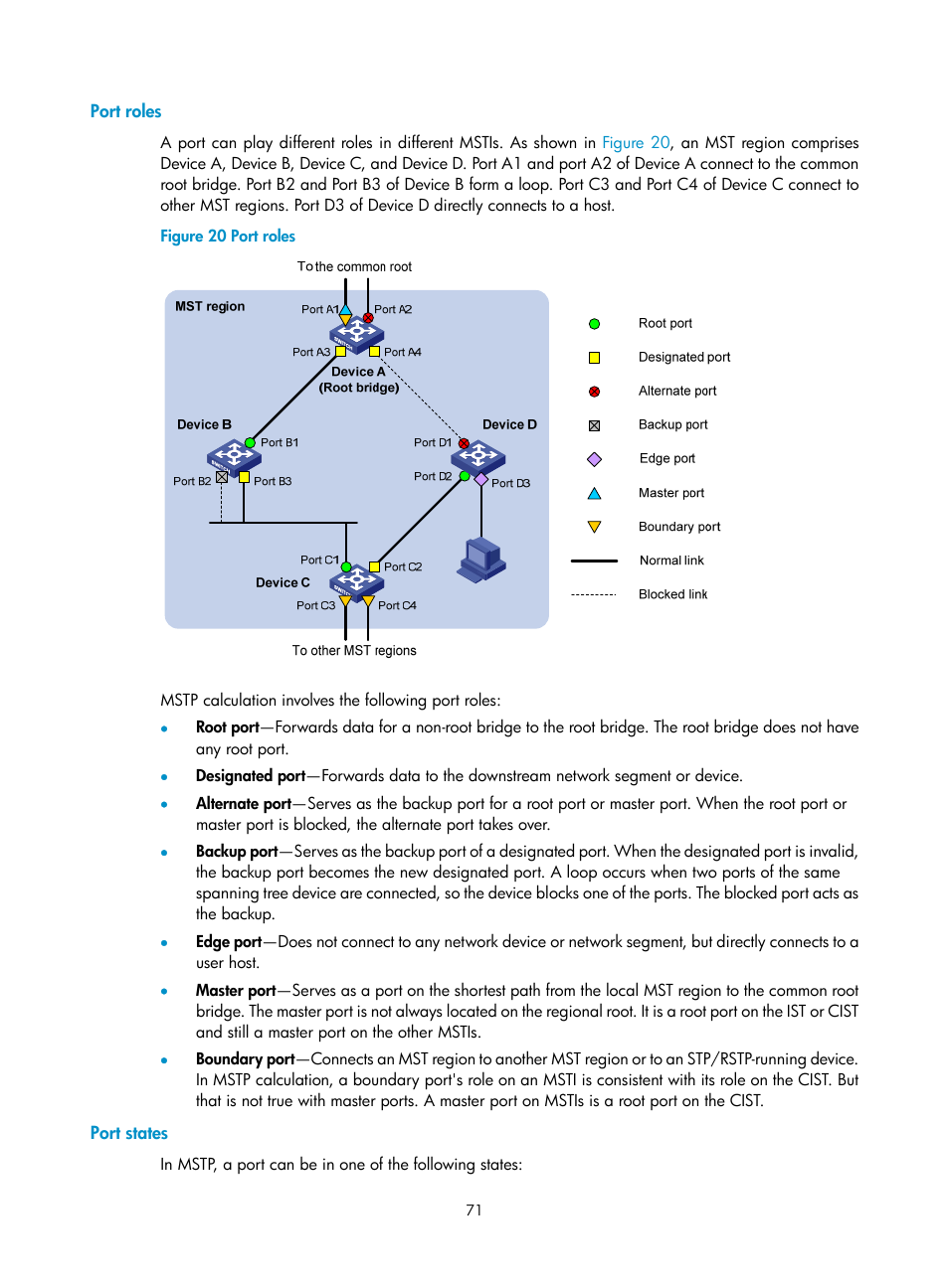 Port roles, Port states, Enabling link-aggregation traffic redirection | H3C Technologies H3C S12500-X Series Switches User Manual | Page 82 / 216