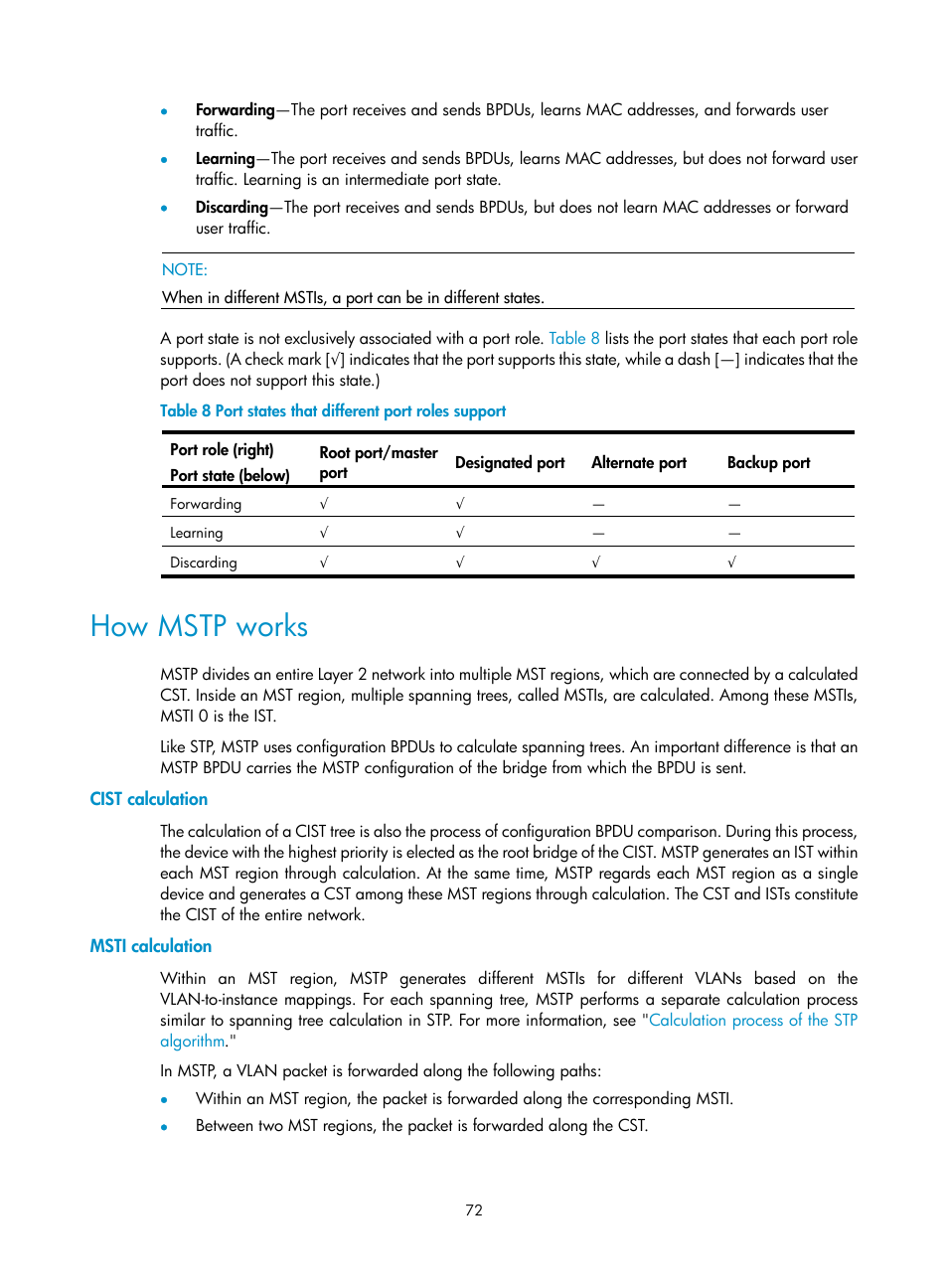 How mstp works, Cist calculation, Msti calculation | Configuration restrictions and guidelines, Configuration procedure | H3C Technologies H3C S12500-X Series Switches User Manual | Page 83 / 216