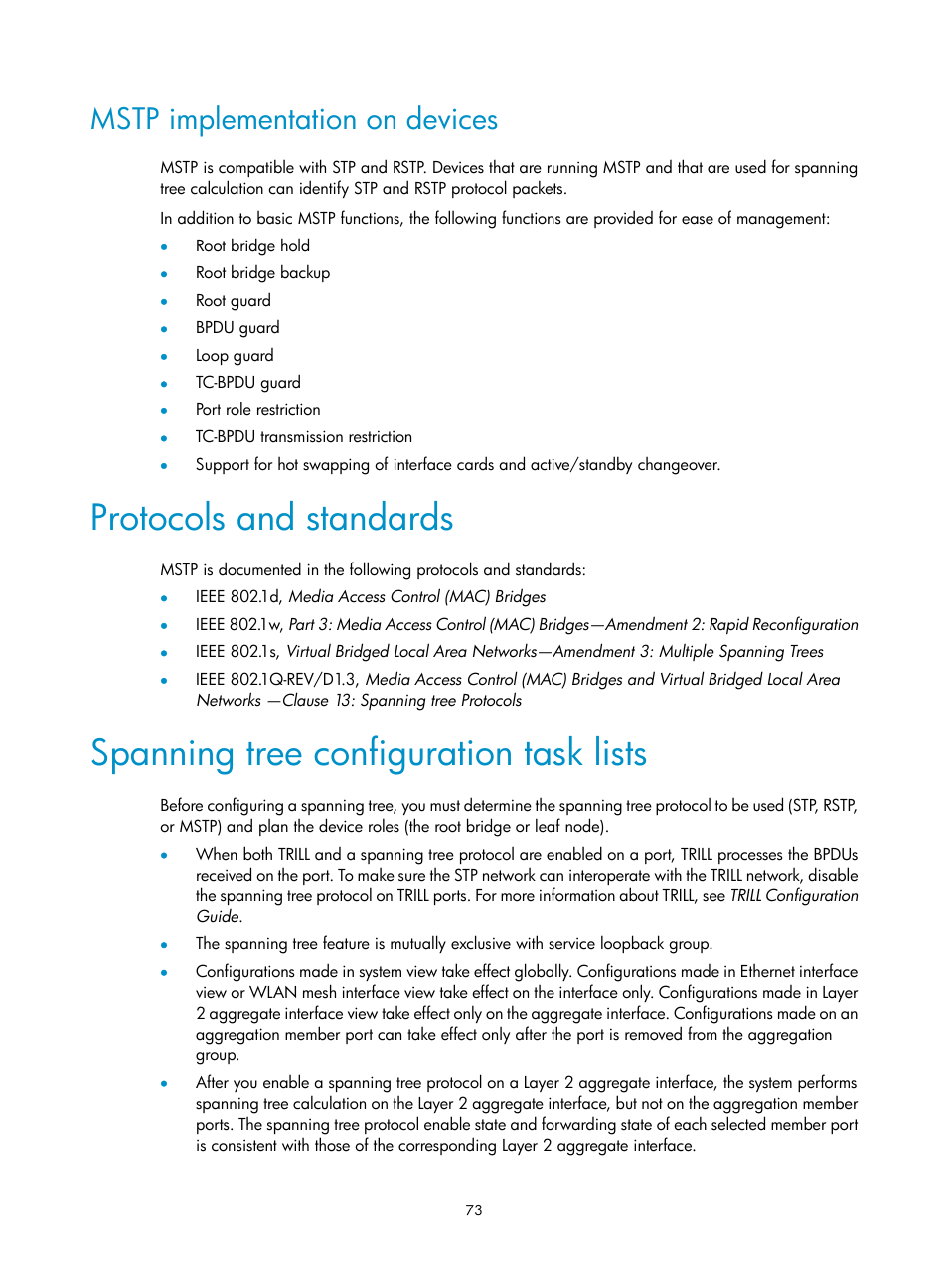 Mstp implementation on devices, Protocols and standards, Spanning tree configuration task lists | Ethernet link aggregation configuration examples | H3C Technologies H3C S12500-X Series Switches User Manual | Page 84 / 216