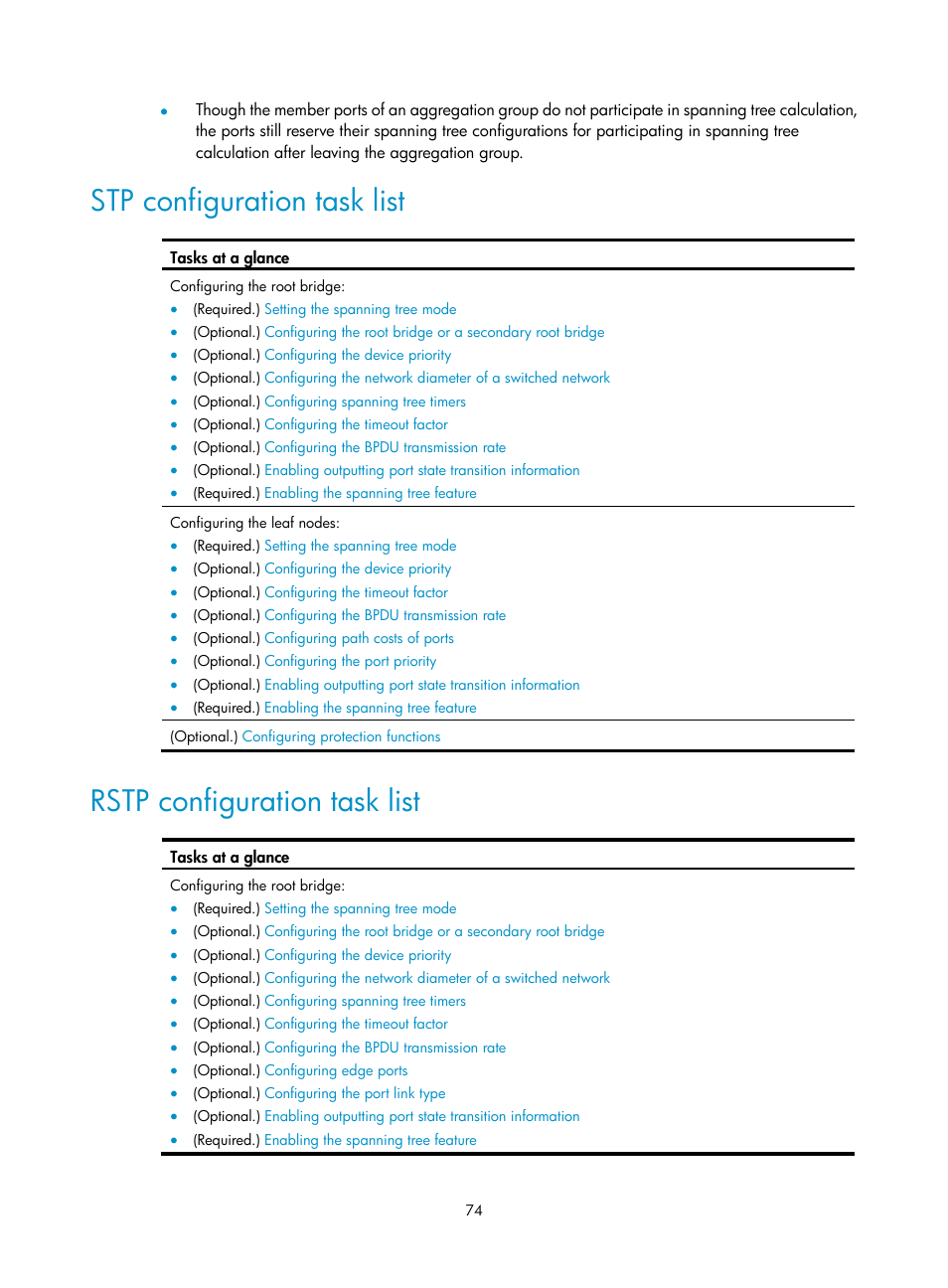 Stp configuration task list, Rstp configuration task list, Layer 2 static aggregation configuration example | H3C Technologies H3C S12500-X Series Switches User Manual | Page 85 / 216