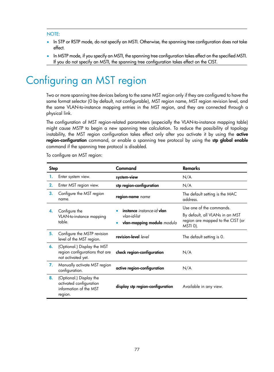 Configuring an mst region | H3C Technologies H3C S12500-X Series Switches User Manual | Page 88 / 216