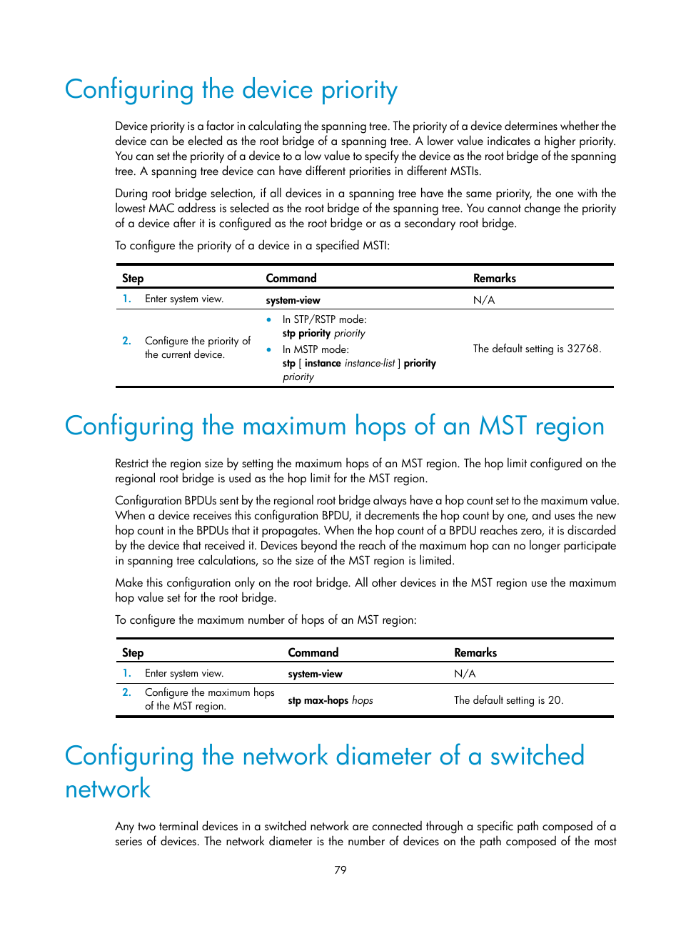 Configuring the device priority, Configuring the maximum hops of an mst region | H3C Technologies H3C S12500-X Series Switches User Manual | Page 90 / 216