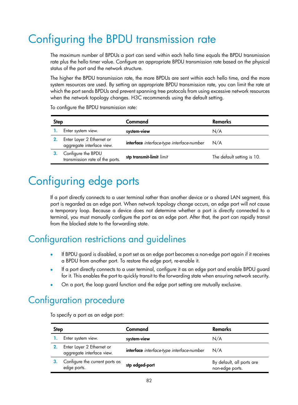 Configuring the bpdu transmission rate, Configuring edge ports, Configuration restrictions and guidelines | Configuration procedure, Assigning ports to an isolation group | H3C Technologies H3C S12500-X Series Switches User Manual | Page 93 / 216