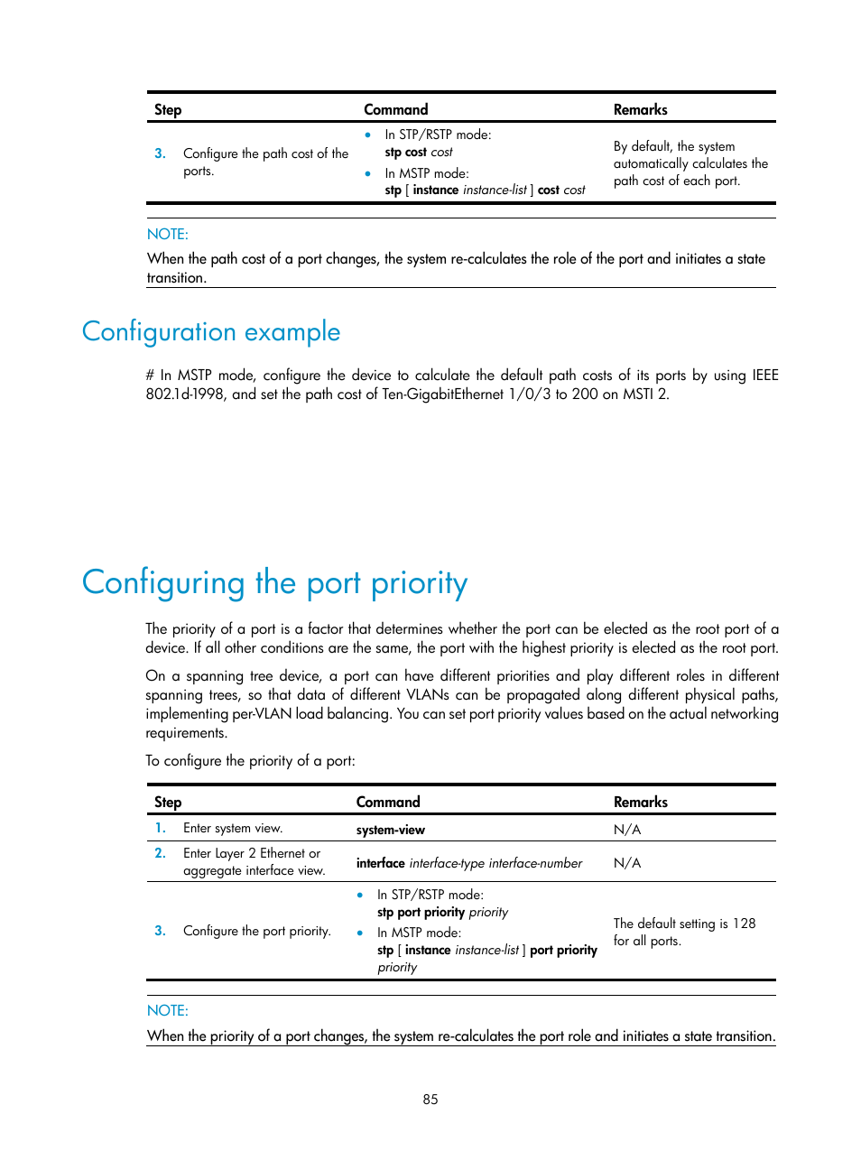 Configuration example, Configuring the port priority, Configuring spanning tree protocols | H3C Technologies H3C S12500-X Series Switches User Manual | Page 96 / 216