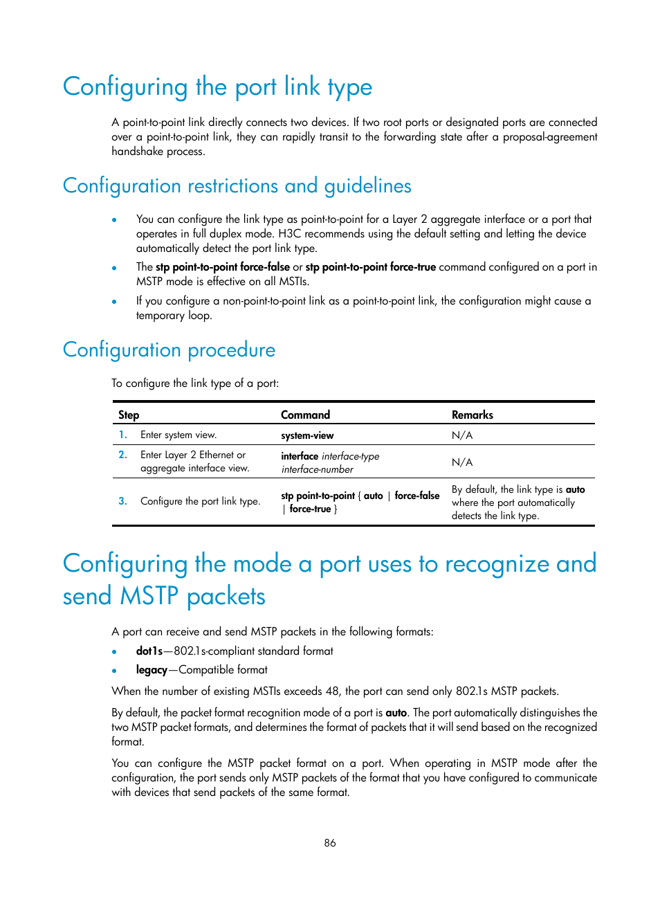 Configuring the port link type, Configuration restrictions and guidelines, Configuration procedure | Stp protocol packets | H3C Technologies H3C S12500-X Series Switches User Manual | Page 97 / 216