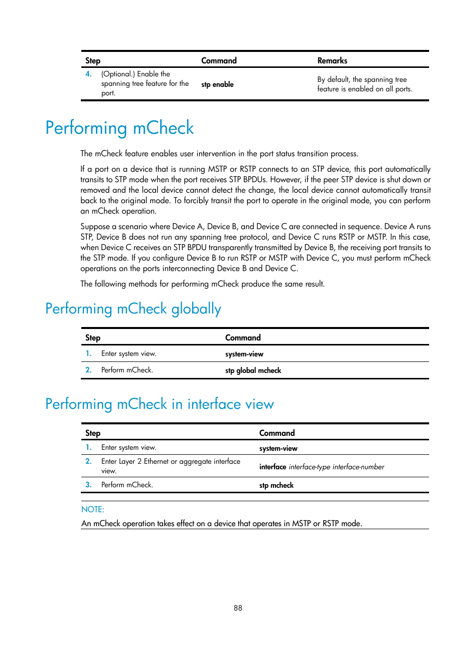 Performing mcheck, Performing mcheck globally, Performing mcheck in interface view | Calculation process of the stp algorithm | H3C Technologies H3C S12500-X Series Switches User Manual | Page 99 / 216