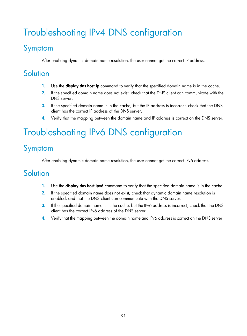 Troubleshooting ipv4 dns configuration, Symptom, Solution | Troubleshooting ipv6 dns configuration, Configuring a dhcp client id for an interface | H3C Technologies H3C S12500-X Series Switches User Manual | Page 102 / 206