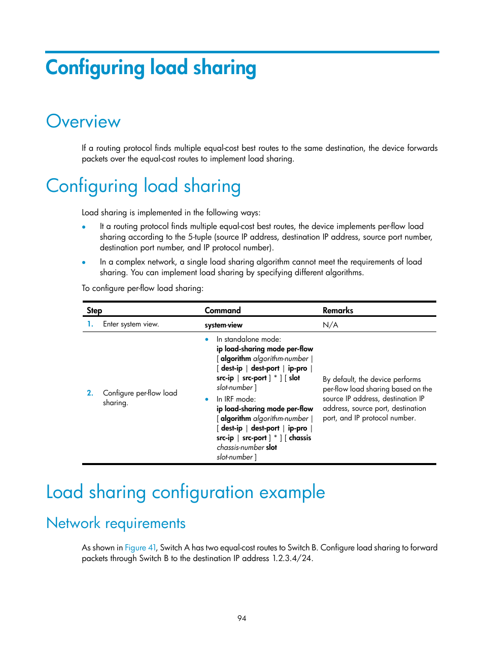 Configuring load sharing, Overview, Load sharing configuration example | Network requirements, Displaying and maintaining the dhcp client, Dhcp client configuration example | H3C Technologies H3C S12500-X Series Switches User Manual | Page 105 / 206